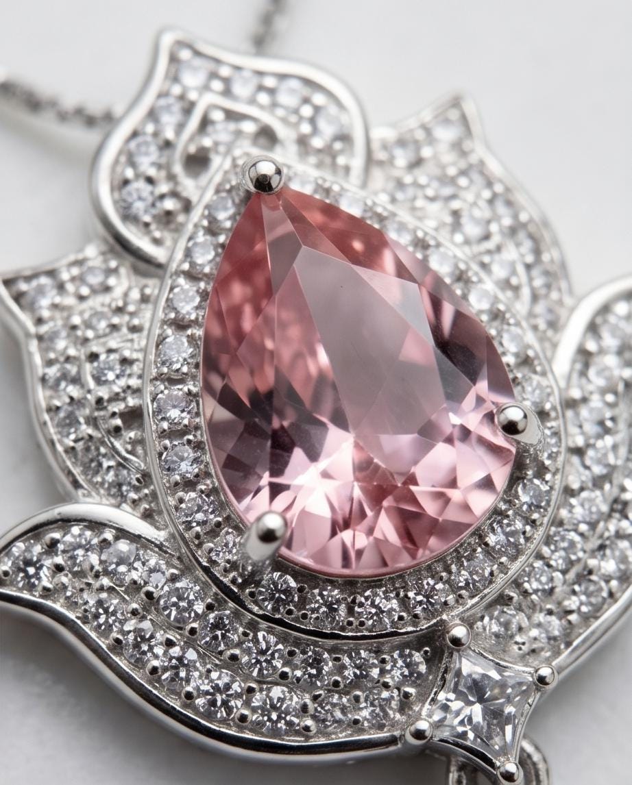 Pink Morganite Necklace Gemstone Lotus Flower Pendant Full Sterling Silver White Gold coated Teardrop Halo Large Pink Gemstone 3 CT #920