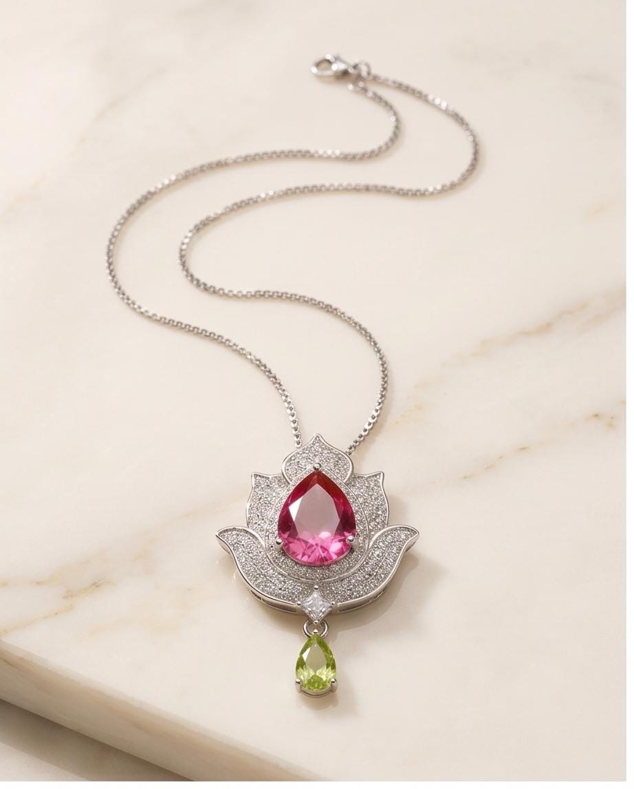 Ruby Necklace - Gemstone Lotus Flower Pendant - 18kGP @ Sterling Silver -Teardrop Halo Ruby Pendant #922