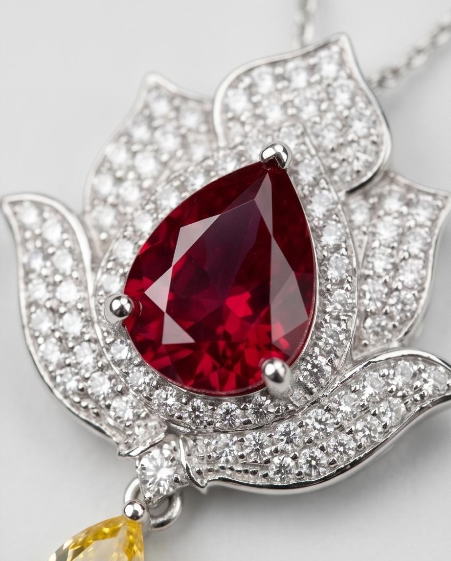 Ruby Necklace - Gemstone Lotus Flower Pendant - 18kGP @ Sterling Silver -Teardrop Halo Ruby Pendant #922