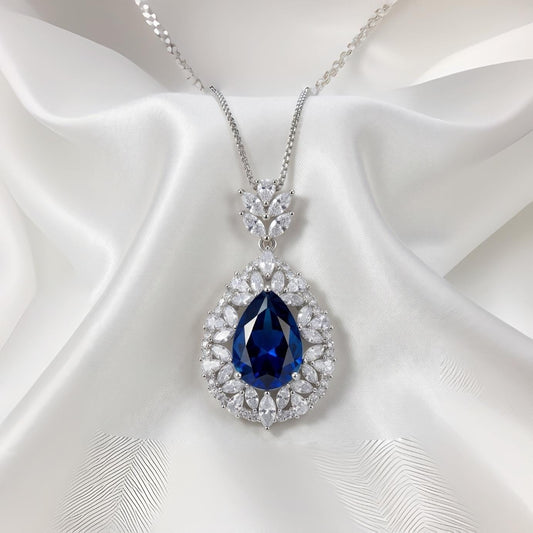 Sapphire Necklace Wheat Style Teardrop Pear 18KGP Sterling Silver - 3 CT Blue Sapphire Pendant - Gemstone Flower September Birthstone #908