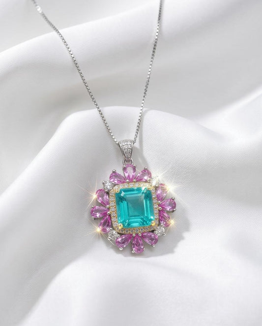 Large Square Paraiba Necklace Pink Topaz Sim Gemstone Pendant White Gold coated Sterling Silver Blue Paraiba Pendant Jewelry #814