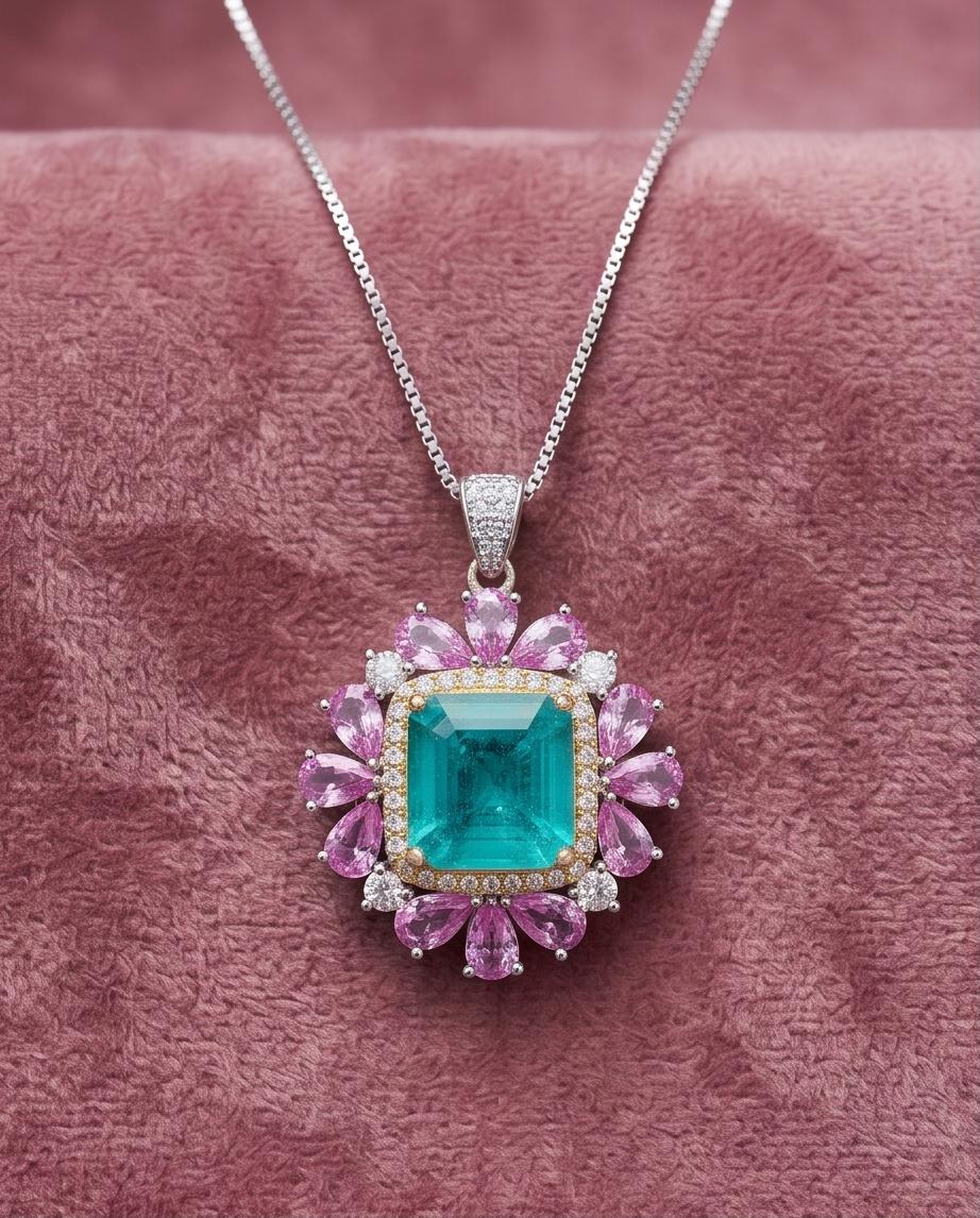 Large Square Paraiba Necklace Pink Topaz Sim Gemstone Pendant White Gold coated Sterling Silver Blue Paraiba Pendant Jewelry #814
