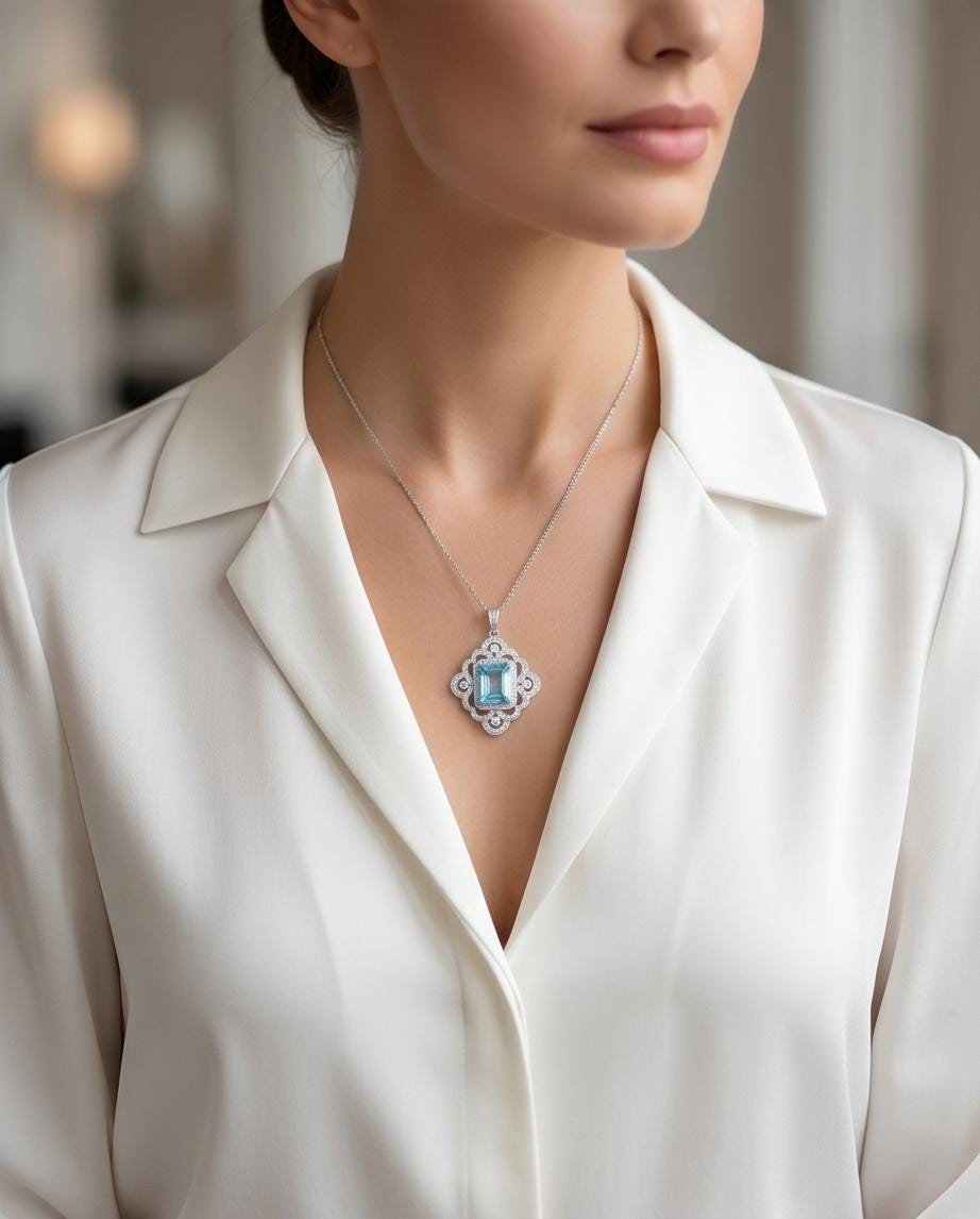 Gorgeous Large Blue Aquamarine Necklace Diamond 18kgp @ Sterling Silver flower of Ascension Pendant Faceted Rectangle 5 CT Aquamarine #897