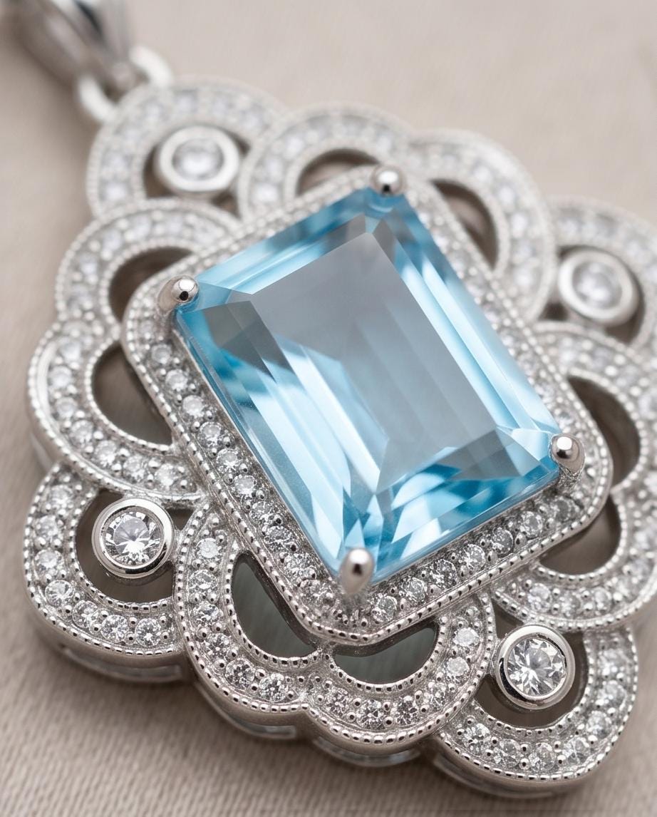 Gorgeous Large Blue Aquamarine Necklace Diamond 18kgp @ Sterling Silver flower of Ascension Pendant Faceted Rectangle 5 CT Aquamarine #897