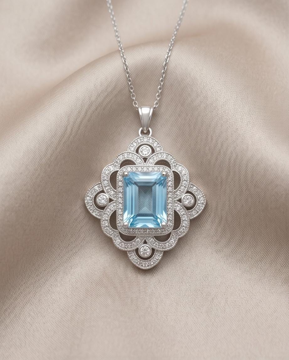 Gorgeous Large Blue Aquamarine Necklace Diamond 18kgp @ Sterling Silver flower of Ascension Pendant Faceted Rectangle 5 CT Aquamarine #897