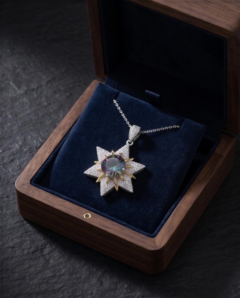 Gemstone Star Mystic Topaz Necklace - 18KGP Sterling Silver - 6 Point Star Pendant - 2CT Hexagram Art Deco Rainbow Topaz Jewelry #816