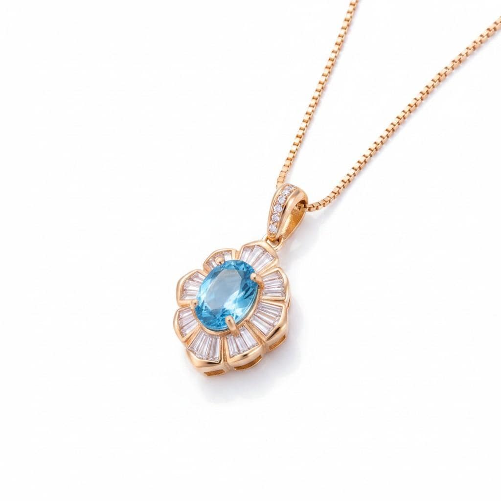 Bloom-style Blue Topaz Necklace, Rose Gold Overlay, Sterling Silver, Artistic Tiny Pendant #191