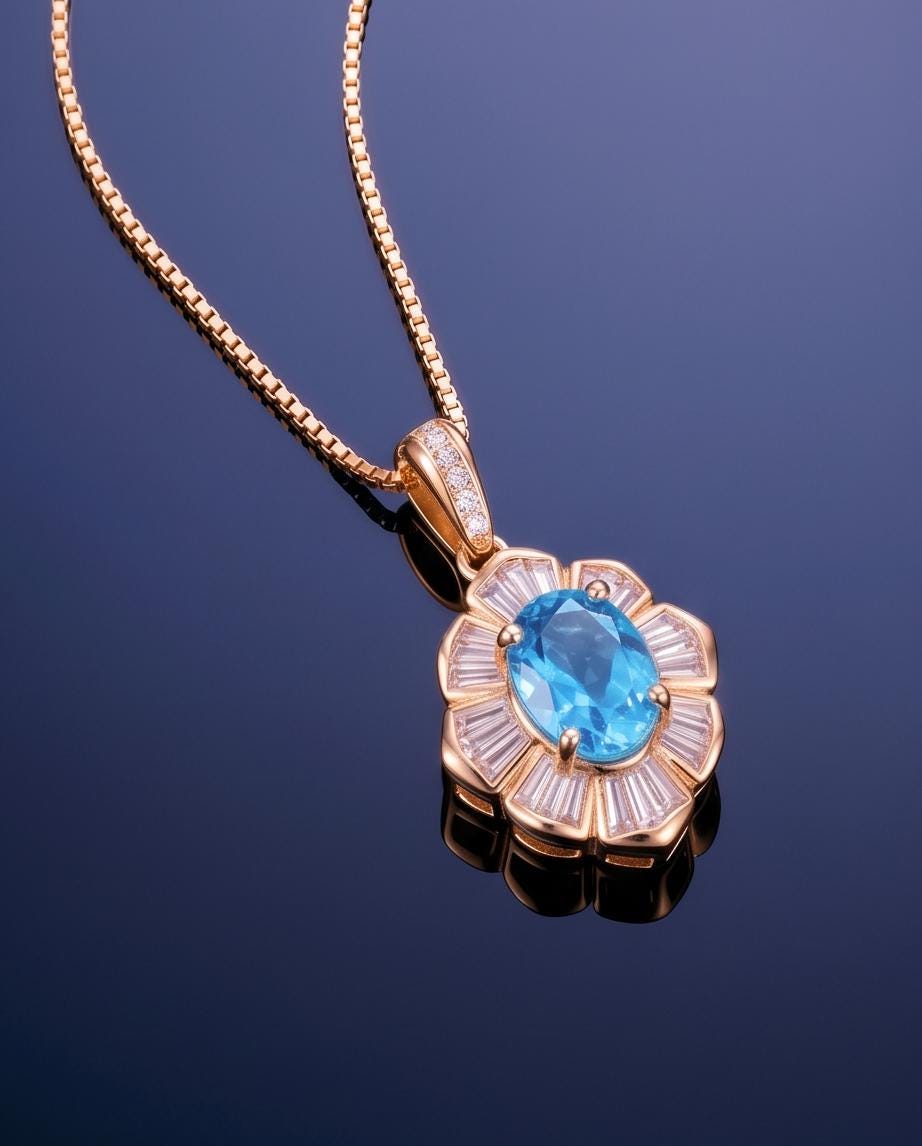 Bloom-style Blue Topaz Necklace, Rose Gold Overlay, Sterling Silver, Artistic Tiny Pendant #191