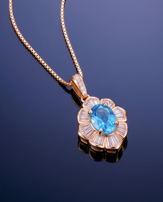 Bloom-style Blue Topaz Necklace, Rose Gold Overlay, Sterling Silver, Artistic Tiny Pendant #191