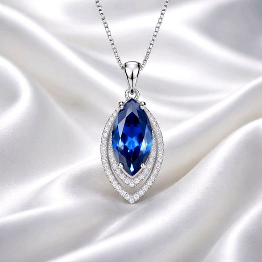 Blue Sapphire Necklace Marquise Cut White Gold Coated Full Sterling Silver Large 3 CT Blue Sapphire Pendant Gemstone Leaf Navette Style #676