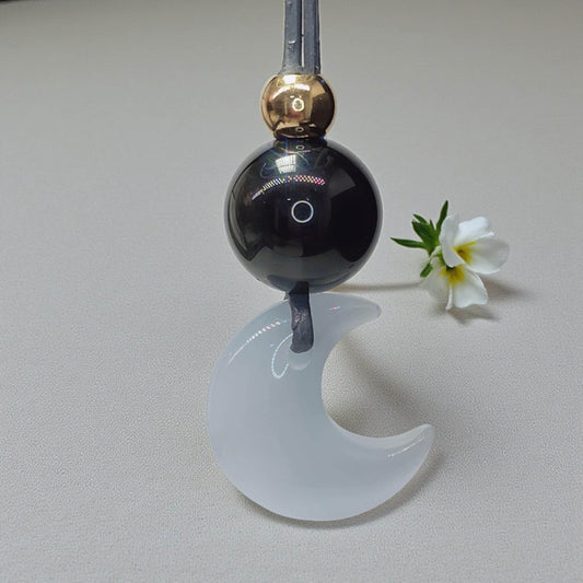 Cat Eye Necklace Moon Pendant, Obsidian Natural Gemstone Chunky Geometric Selenite Jewelry, Gift for Him Her, Adjustable Leather Cord