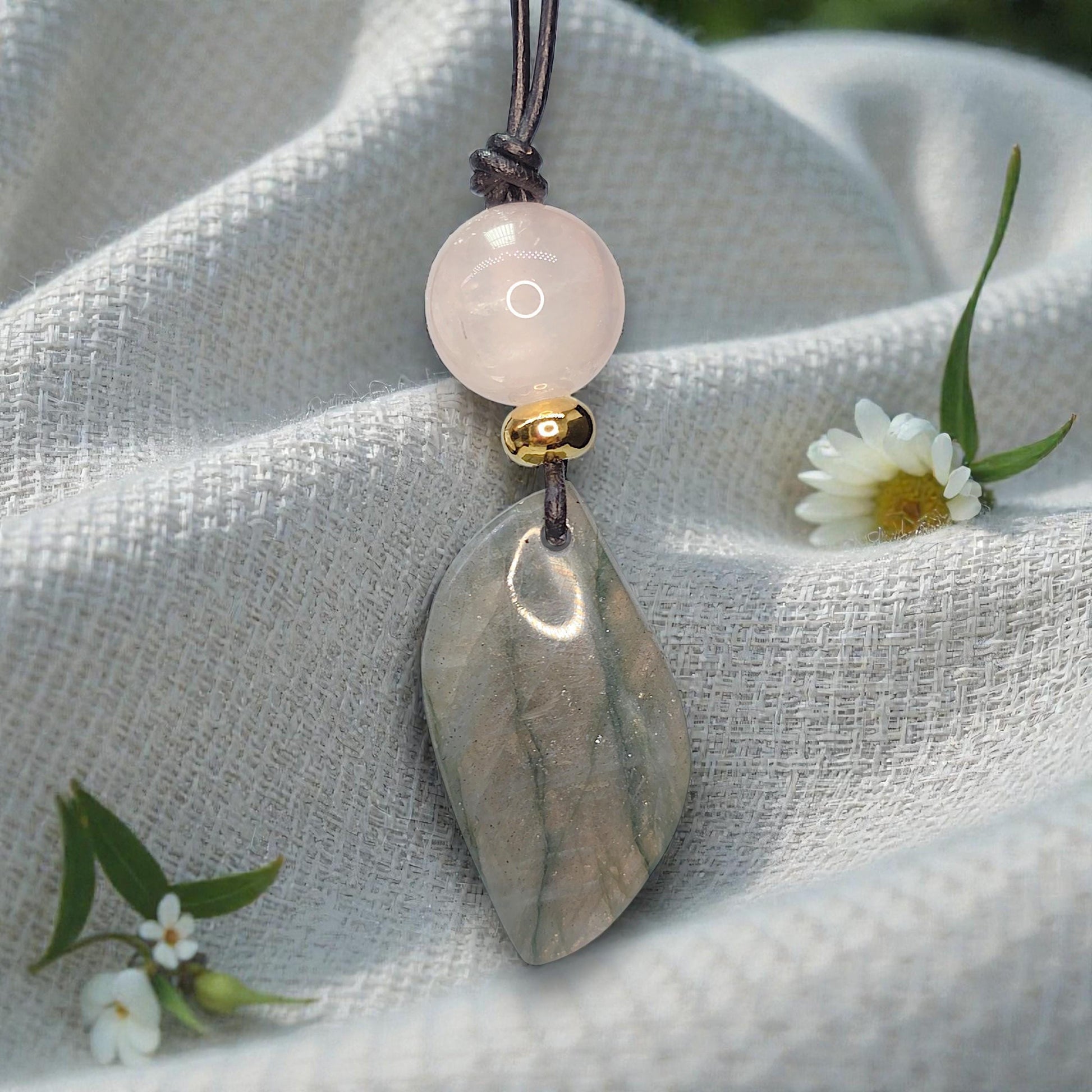 Labradorite Necklace Rose Quartz Pendant Geometric Chunky Crystal Jewelry for Women, Adjustable Leather Cord Birthstone Gift for Her