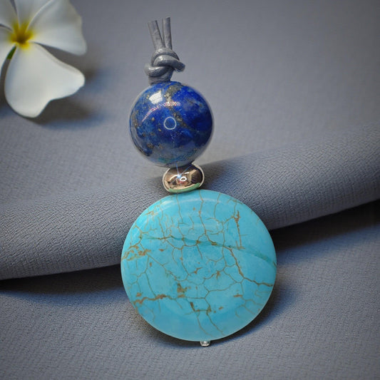 Turquoise Necklace Lapis Lazuli Pendant, Natural Blue Gemstone Chunky Geometric Jewelry, Adjustable Leather Cord