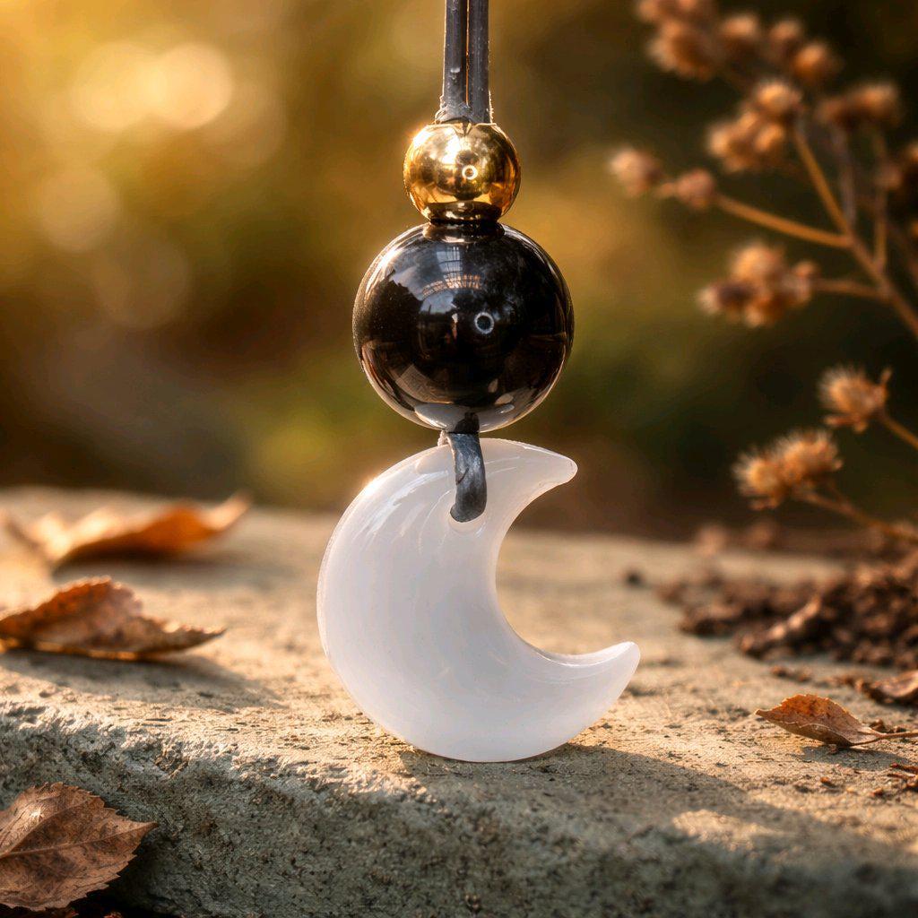 Cat Eye Necklace Moon Pendant, Obsidian Natural Gemstone Chunky Geometric Selenite Jewelry, Gift for Him Her, Adjustable Leather Cord