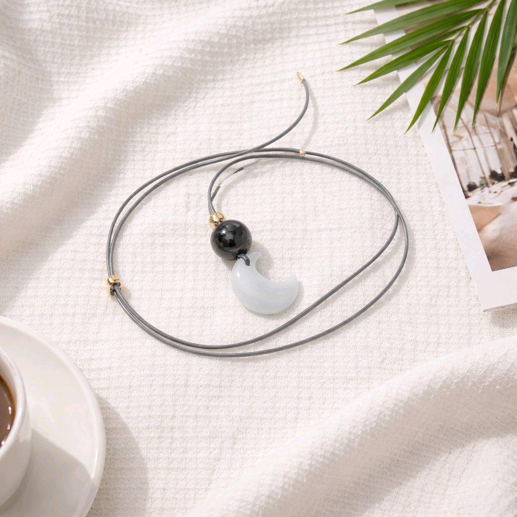 Cat Eye Necklace Moon Pendant, Obsidian Natural Gemstone Chunky Geometric Selenite Jewelry, Gift for Him Her, Adjustable Leather Cord