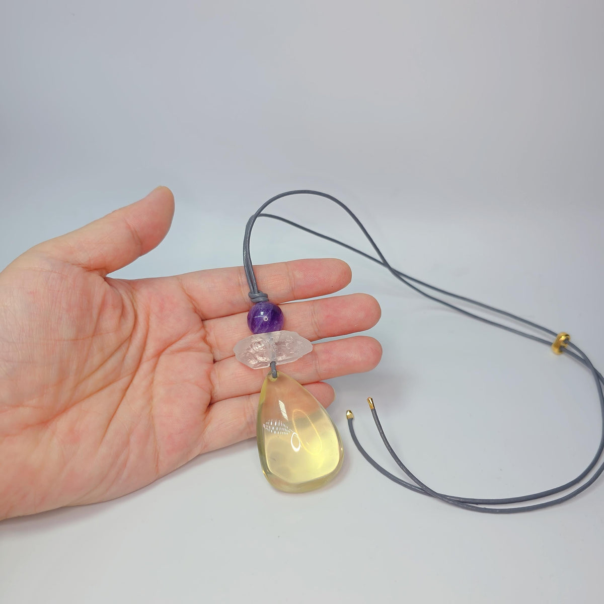 Citrine Necklace Amethyst Quartz Crystal Pendant Geometric Chunky Jewelry for Women Men, Adjustable Leather Cord Birthstone Gift