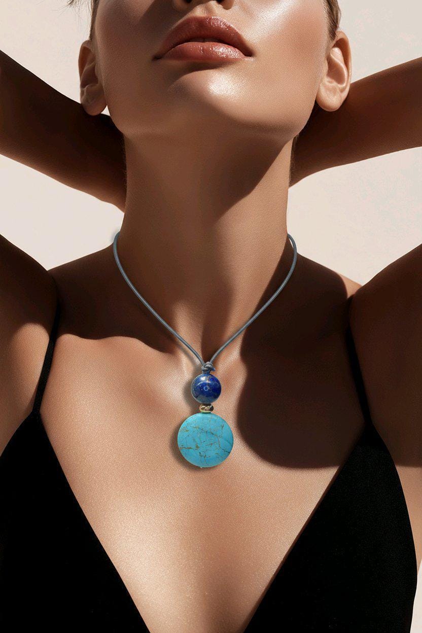 Turquoise Necklace Lapis Lazuli Pendant, Natural Blue Gemstone Chunky Geometric Jewelry, Adjustable Leather Cord