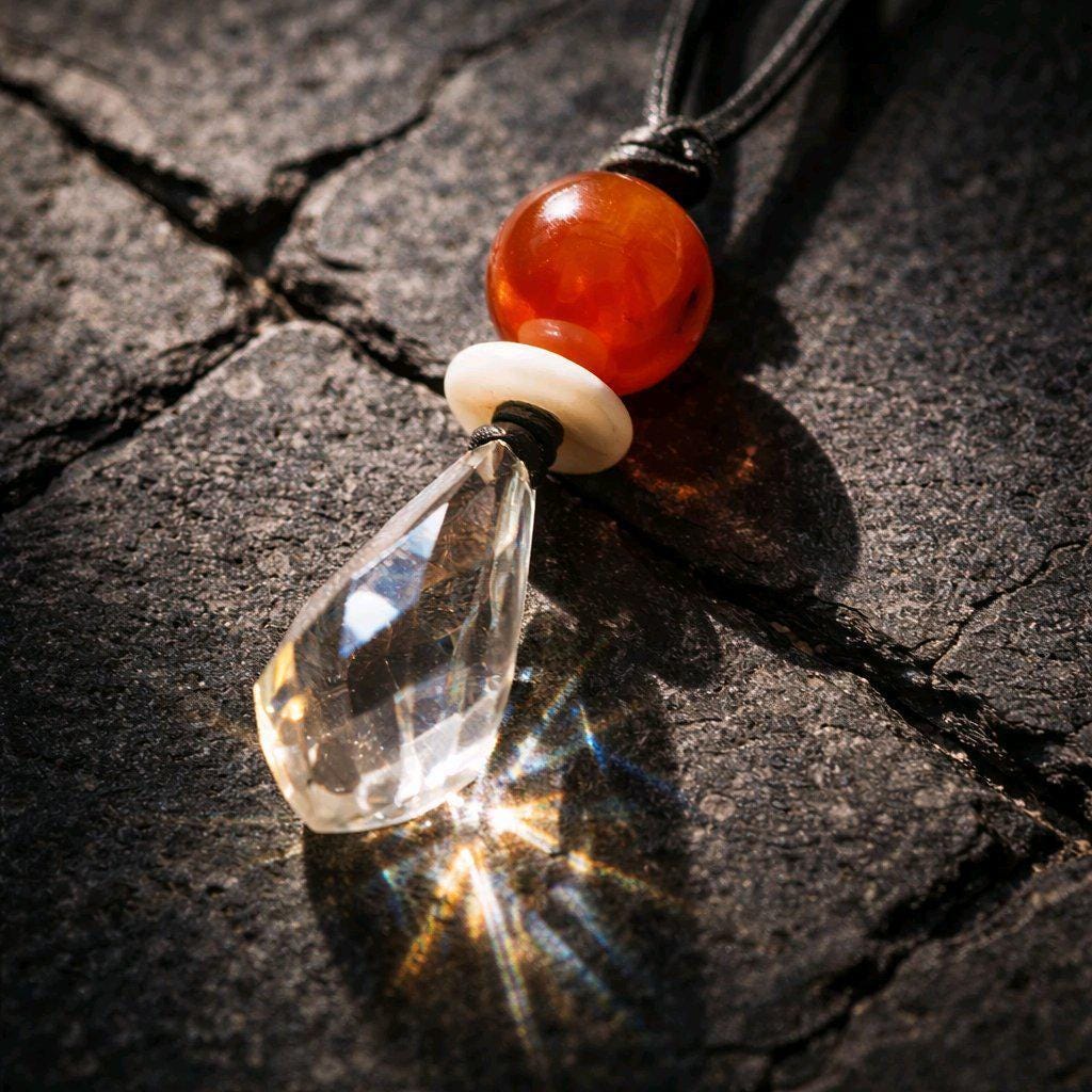 Red Carnelian Necklace Clear Quartz Pendant Geometric Chunky Crystal Jewelry for Men Women, Adjustable Leather Cord Birthstone Gift