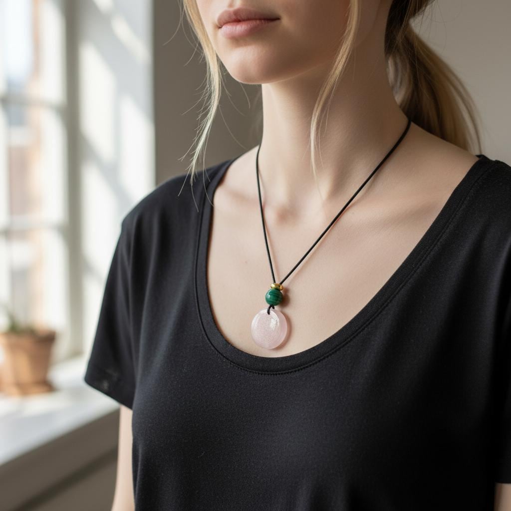 Geometric Flower of Life Rose Quartz Necklace, Chunky Malachite Bead Spiritual Pendant, Adjustable Leather Cord up to 30 Inches #2564