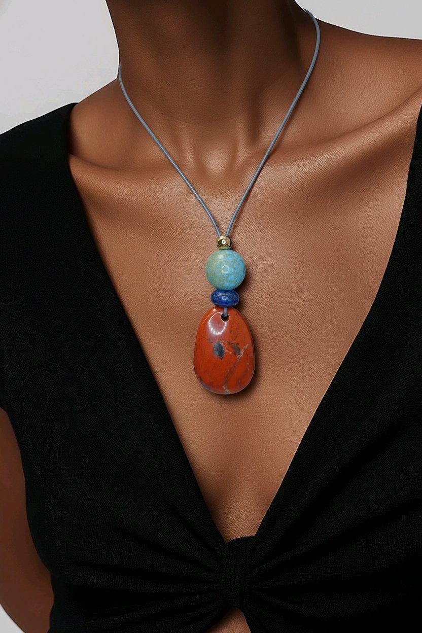 Red Jasper Turquoise Lapis Lazuli Pendant Necklace, Geometric Natural Gemstone Chunky Jewelry, Adjustable Leather Cord up to 30 inches #2544