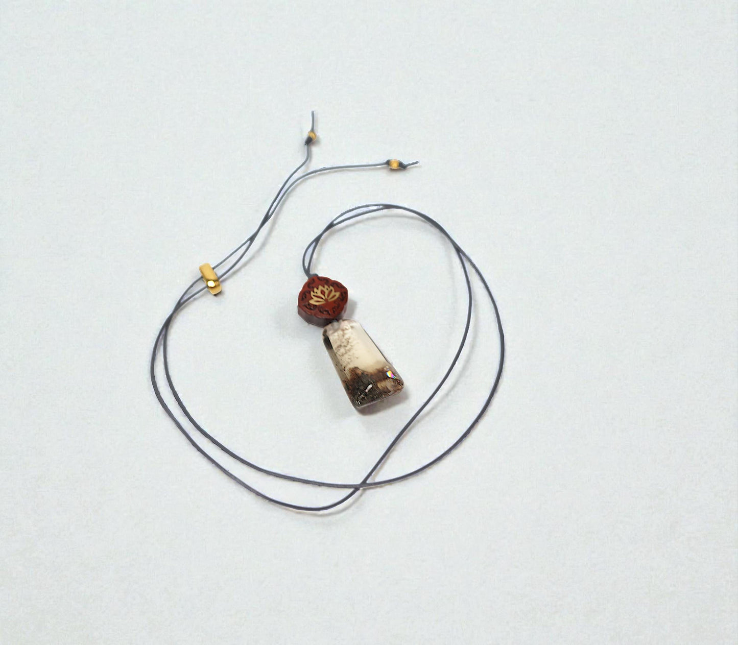Geometric Garden Quartz Pendant, Chunky Phantom Quartz Necklace with Red Sandalwood, 18k Gold Lotus, Adjustable Leather Cord #2566