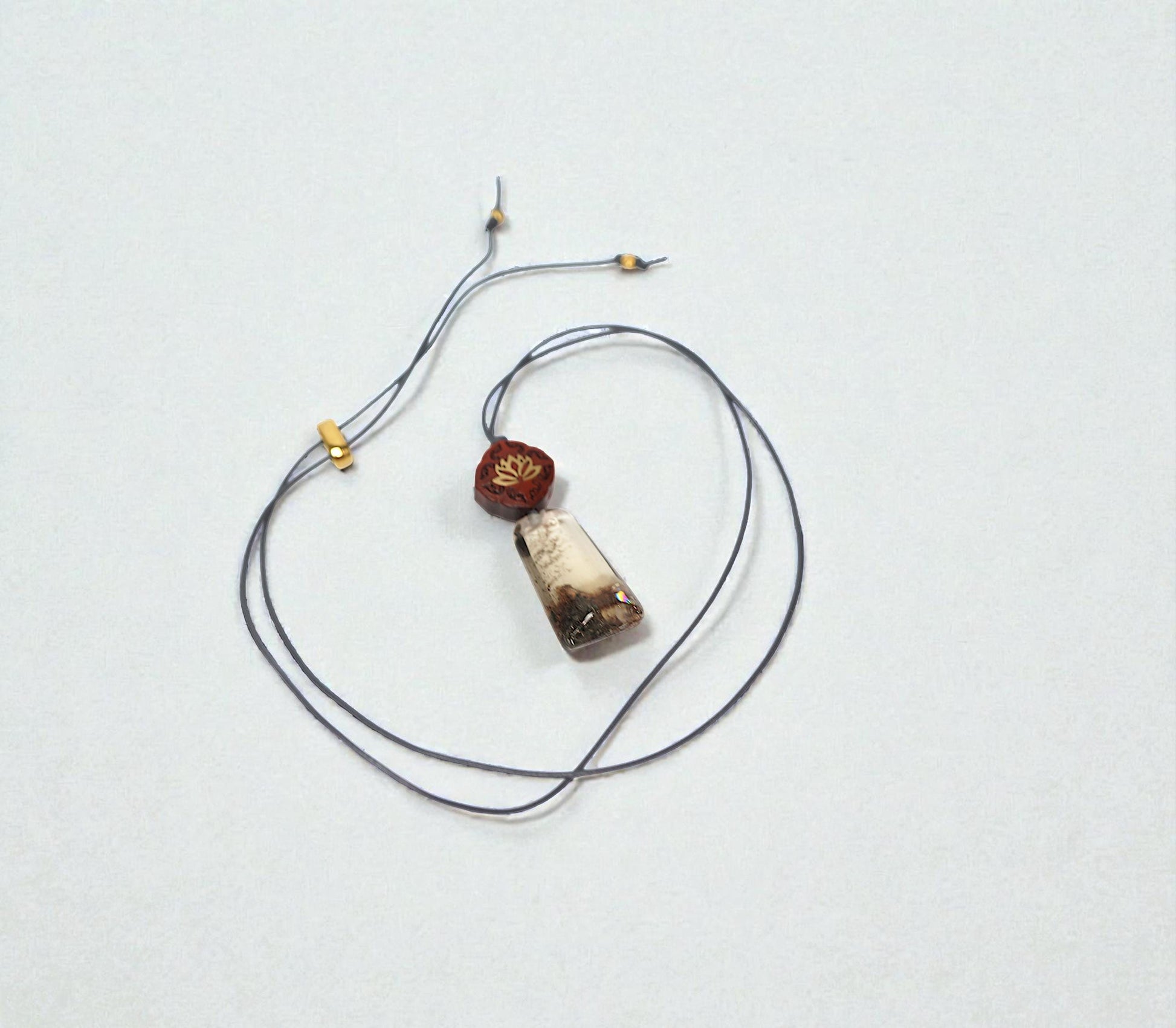 Geometric Garden Quartz Pendant, Chunky Phantom Quartz Necklace with Red Sandalwood, 18k Gold Lotus, Adjustable Leather Cord #2566