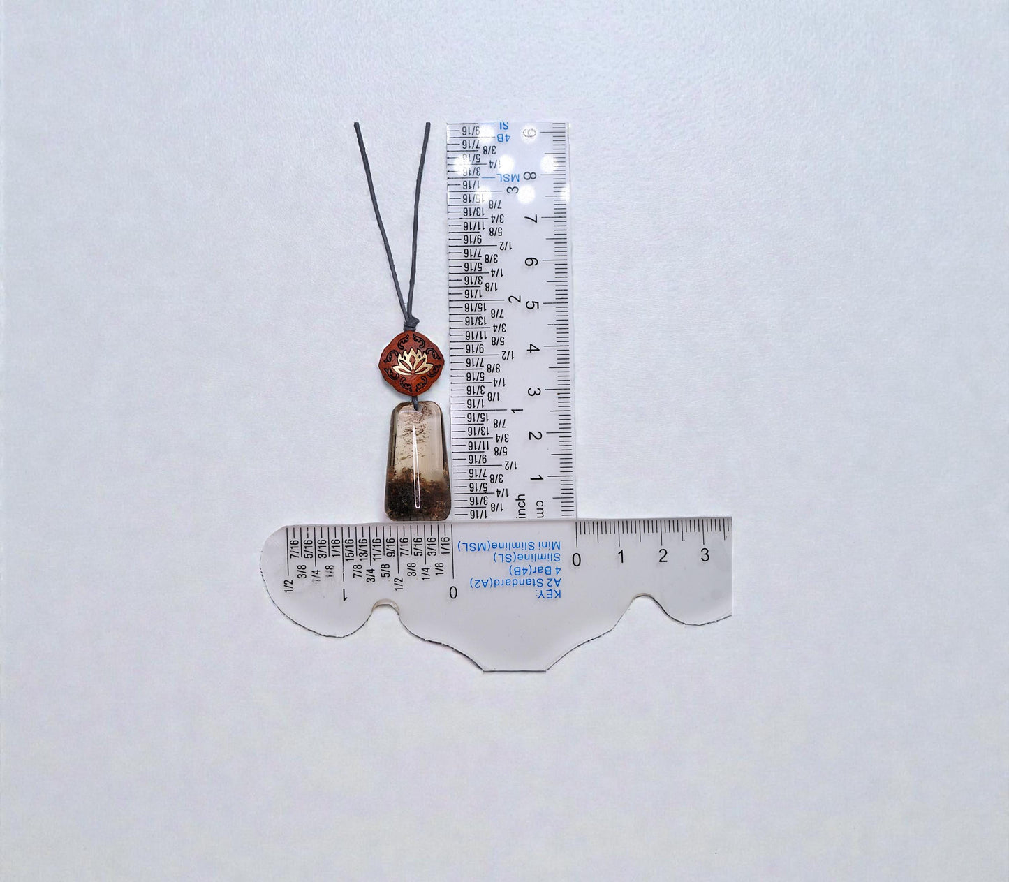 Geometric Garden Quartz Pendant, Chunky Phantom Quartz Necklace with Red Sandalwood, 18k Gold Lotus, Adjustable Leather Cord #2566