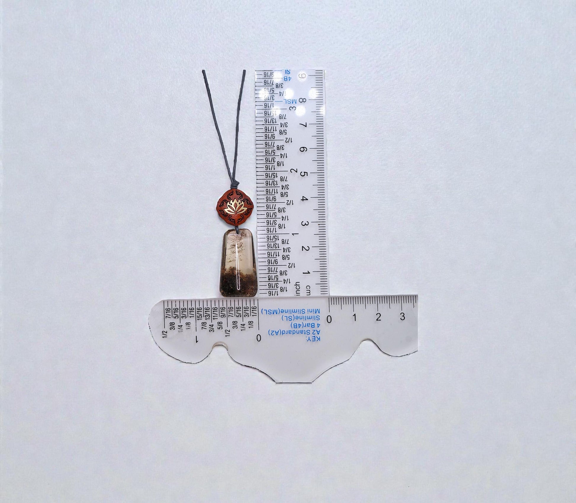 Geometric Garden Quartz Pendant, Chunky Phantom Quartz Necklace with Red Sandalwood, 18k Gold Lotus, Adjustable Leather Cord #2566