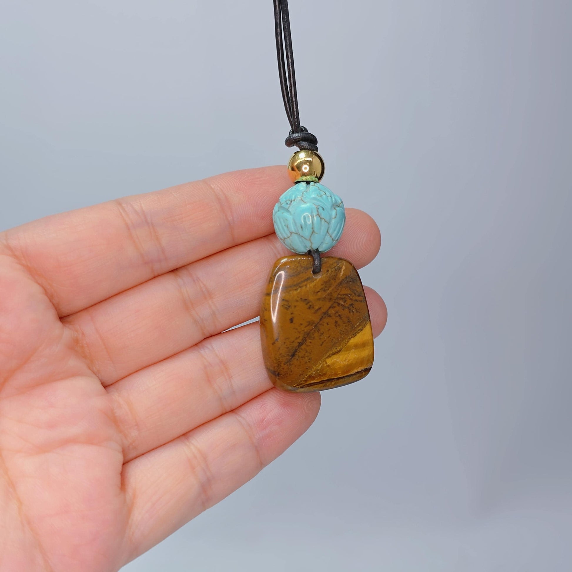 Geometric Tiger's Eye Necklace, Chunky Crystal Pendant with Turquoise Lotus, Healing Stone Jewelry for Her Him, Adjustable Cord #2569