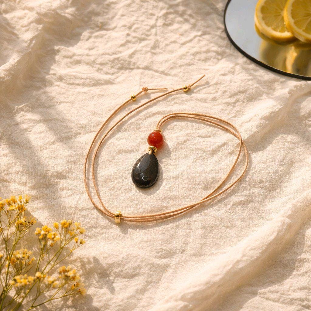 Obsidian Necklace Teardrop Pendant, Red Carnelian Natural Gemstone Chunky Geometric Jewelry, Adjustable Leather Cord