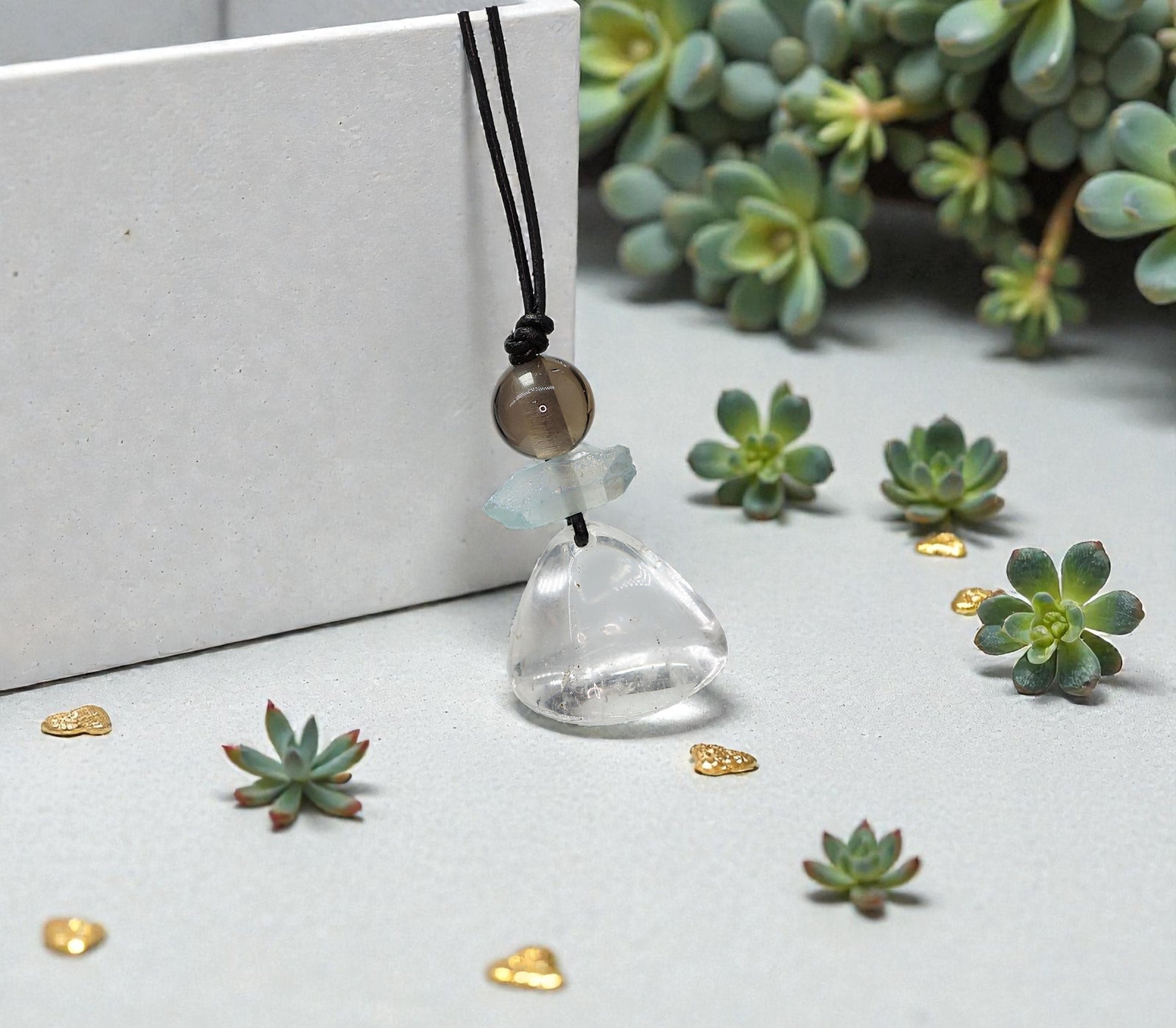Geometric Irregular Clear Quartz Pendant, Chunky Aura Blue Crystal Necklace with Smoky Quartz, Adjustable Leather Cord up to 30 inches #2559