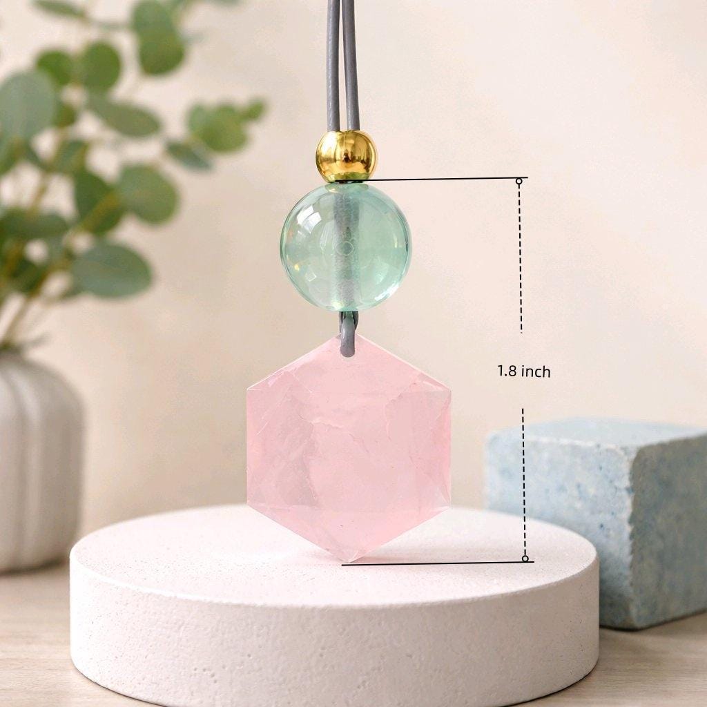 Geometric Rose Quartz Necklace, Chunky Star of David Crystal Pendant with Fluorite, Healing Stone Jewelry, Adjustable Leather Cord 30“ #2571