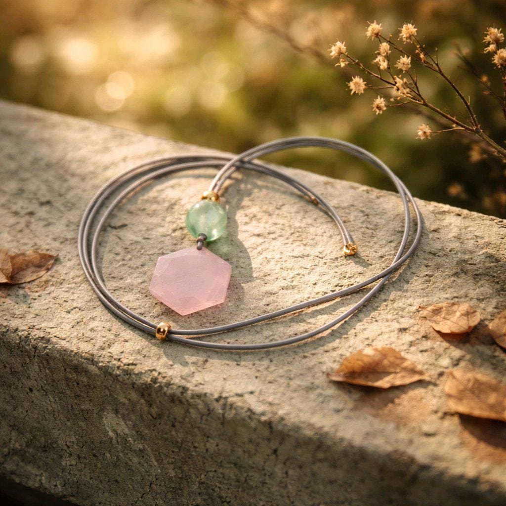 Geometric Rose Quartz Necklace, Chunky Star of David Crystal Pendant with Fluorite, Healing Stone Jewelry, Adjustable Leather Cord 30“ #2571