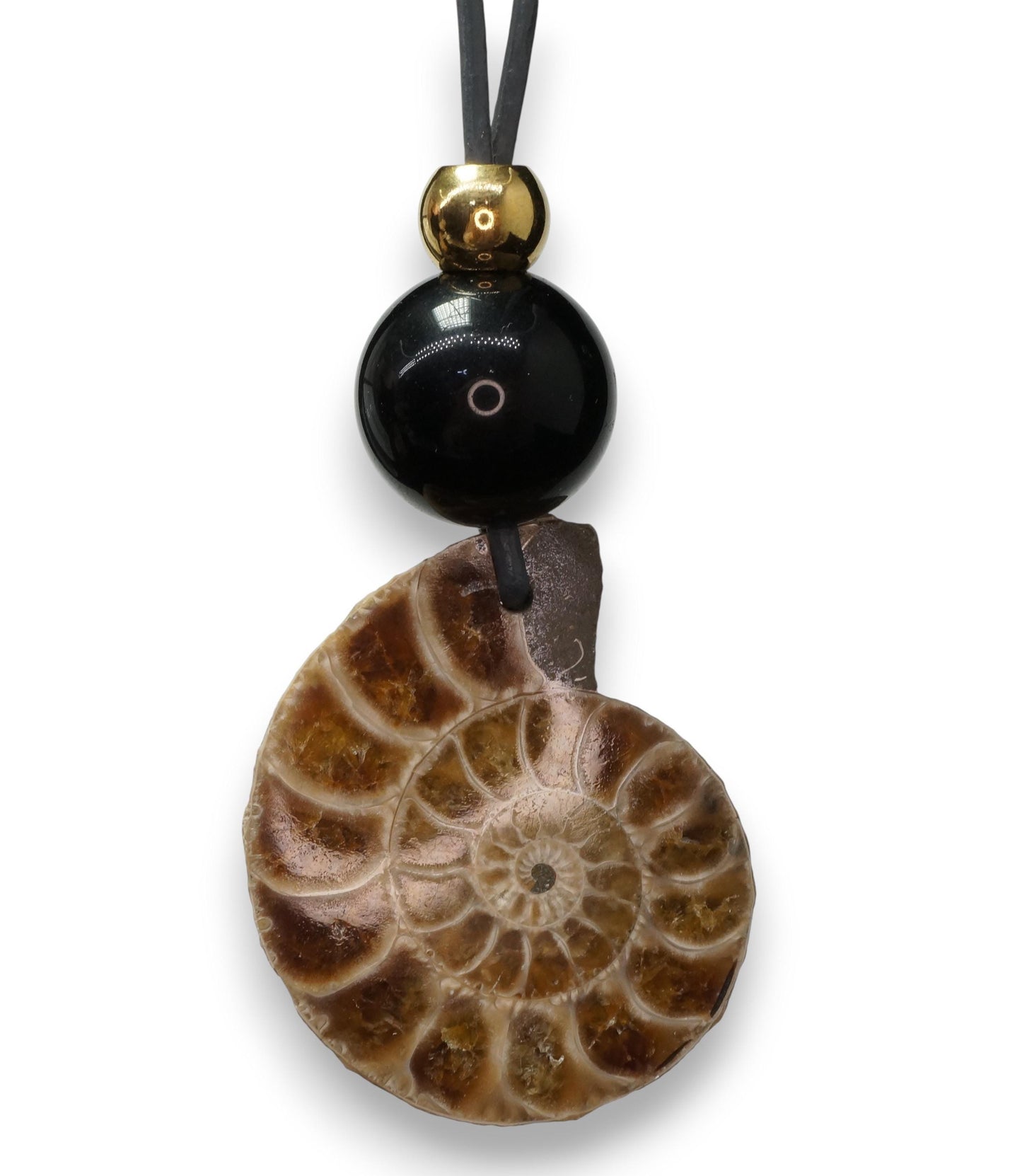 Geometric Ancient Ammonite Fossil Necklace, Chunky Natural Shell Pendant with Black Obsidian, Adjustable Leather Cord up to 30 inches #2558