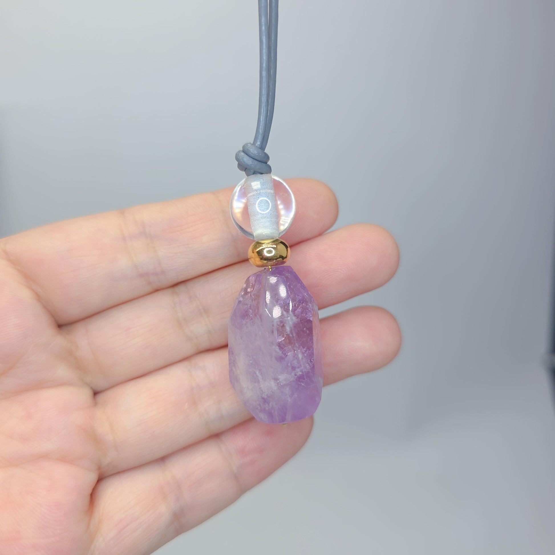 Geometric Amethyst Pendant Necklace, Natural Purple Crystal Clear Quartz Chunky Jewelry for Women, Adjustable Leather Cord #2556