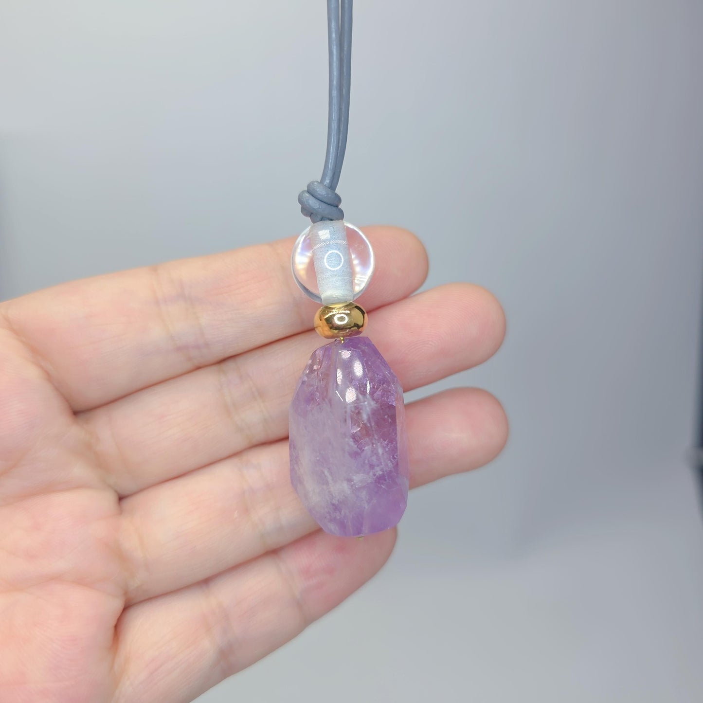 Geometric Amethyst Pendant Necklace, Natural Purple Crystal Clear Quartz Chunky Jewelry for Women, Adjustable Leather Cord #2556