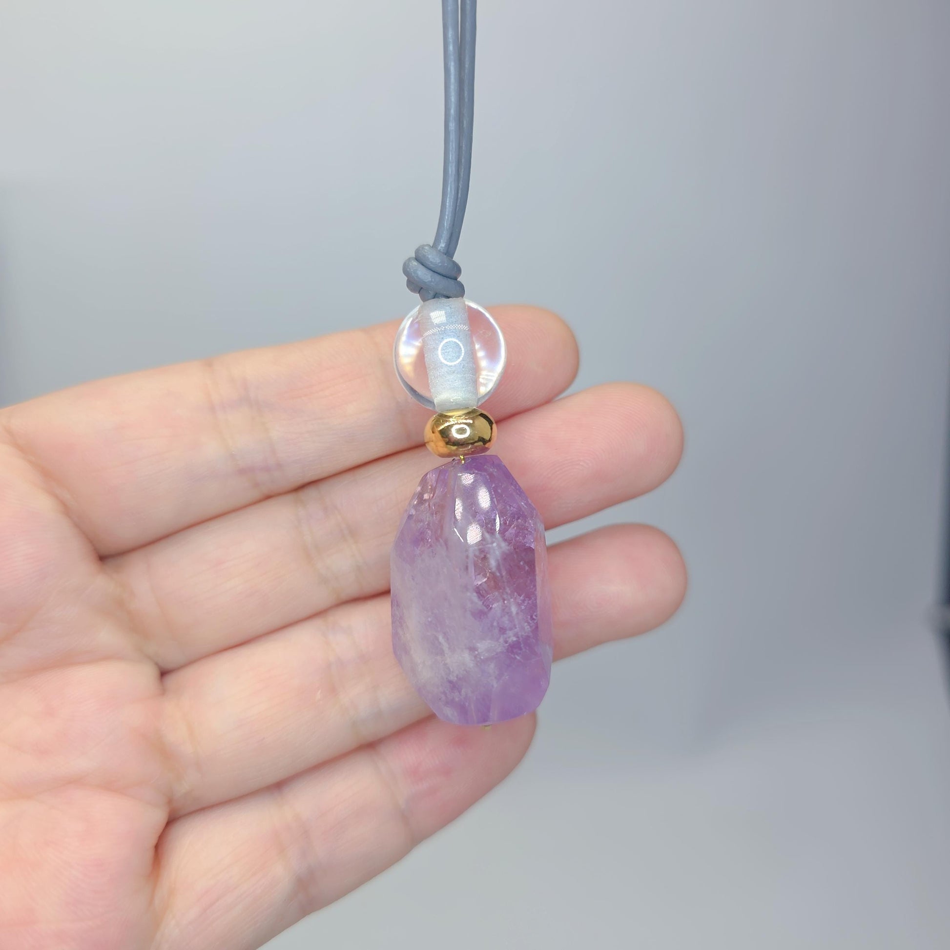 Geometric Amethyst Pendant Necklace, Natural Purple Crystal Clear Quartz Chunky Jewelry for Women, Adjustable Leather Cord #2556