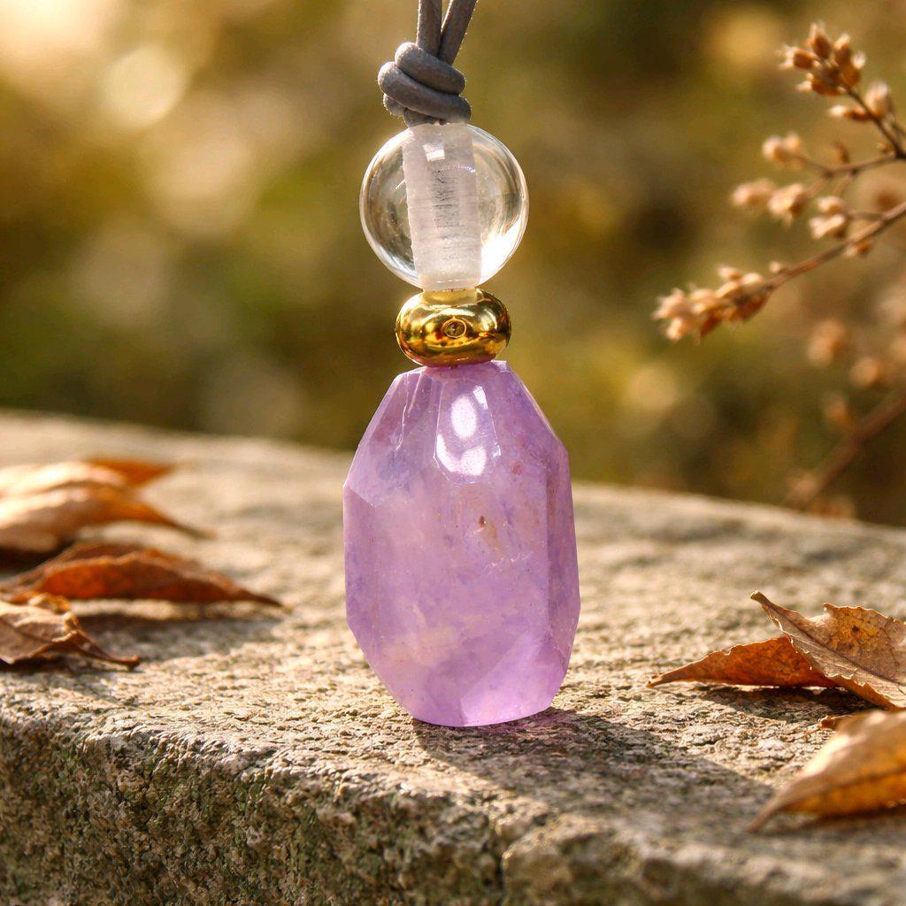 Geometric Amethyst Pendant Necklace, Natural Purple Crystal Clear Quartz Chunky Jewelry for Women, Adjustable Leather Cord #2556