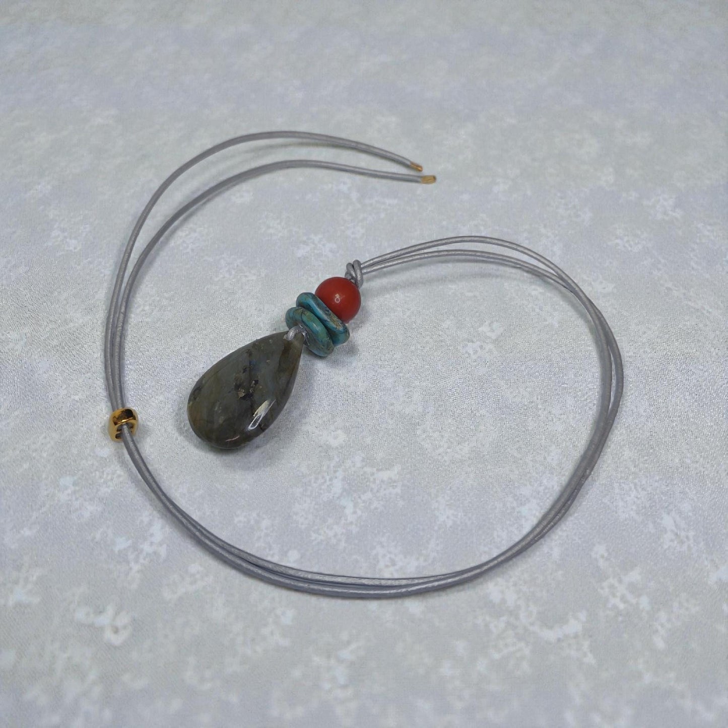 Labradorite Necklace Turquoise Red Jasper Pendant , Geometric Natural Gemstone Chunky Jewelry, Adjustable Leather Cord up to 30 inches #2543