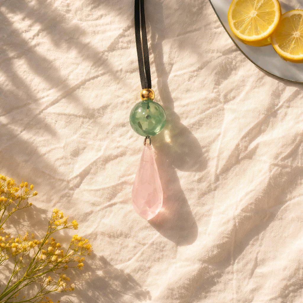 Rose Quartz Necklace Faceted Crystal Pendant, Chunky Fluorite Geometric Jewelry for Women with Adjustable Leather Cord up to 30 inches.
