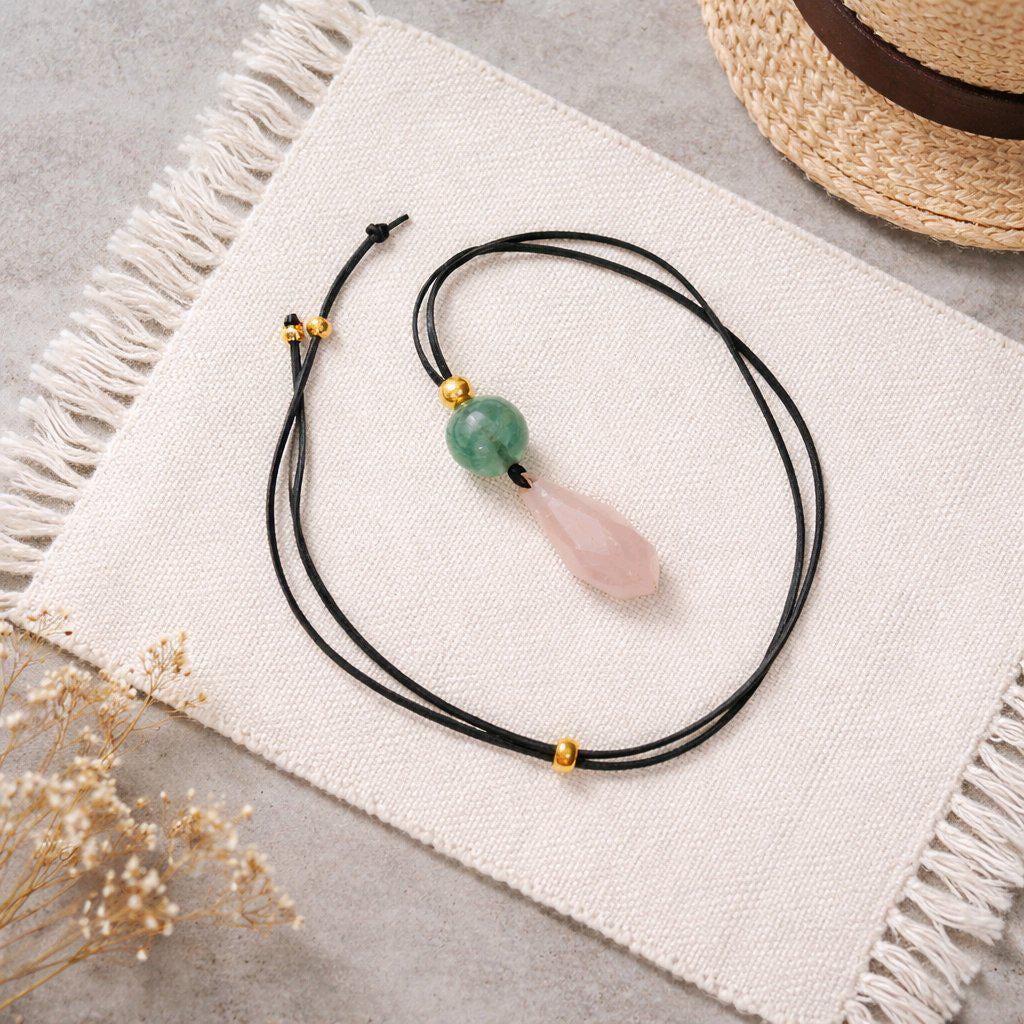 Rose Quartz Necklace Faceted Crystal Pendant, Chunky Fluorite Geometric Jewelry for Women with Adjustable Leather Cord up to 30 inches.