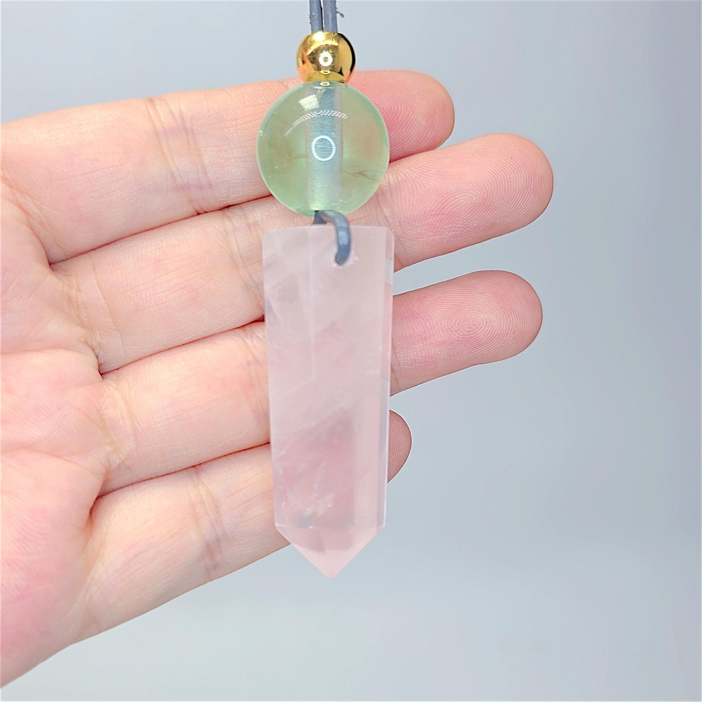 Rose Quartz Point Necklace, Chunky Natural Green Fluorite Crystal Hexagonal Wand Pendant for Women Men, Adjustable Leather Cord
