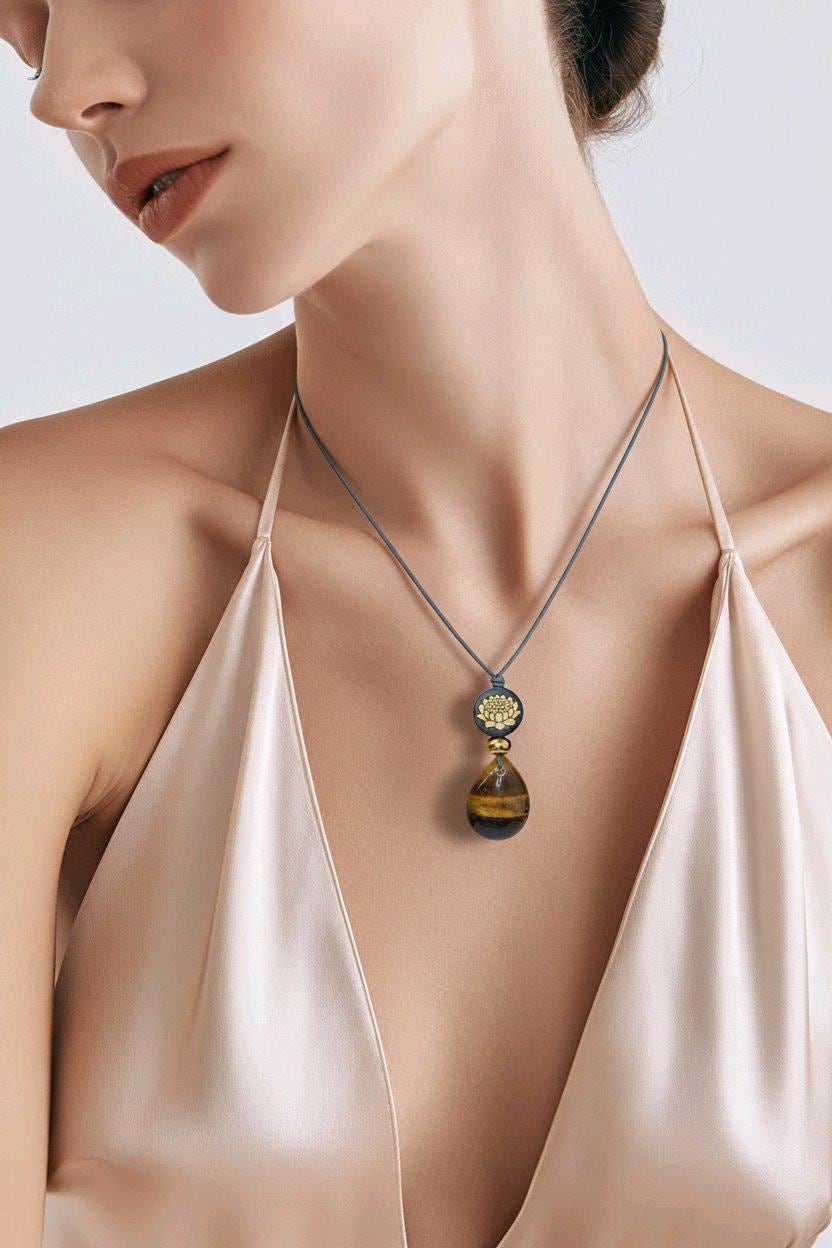 Natural Tigers Eye Necklace, Chunky Geometric 18k Lotus Flower Jewelry, November Birthstone Zen Gift, Adjustable Leather Cord