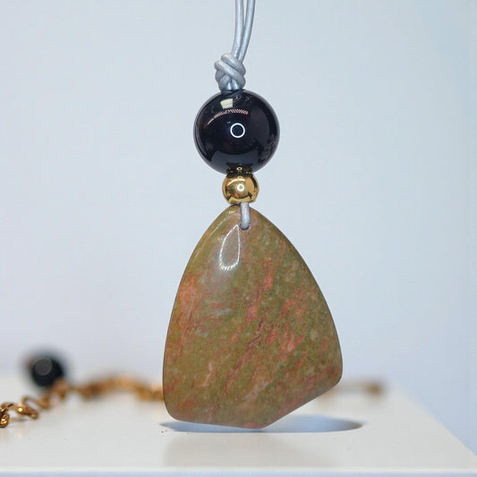 Natural Unakite Black Onyx Geometric Green Necklace, Green Chunky Pendant Jewelry with Long Adjustable Leather Cord