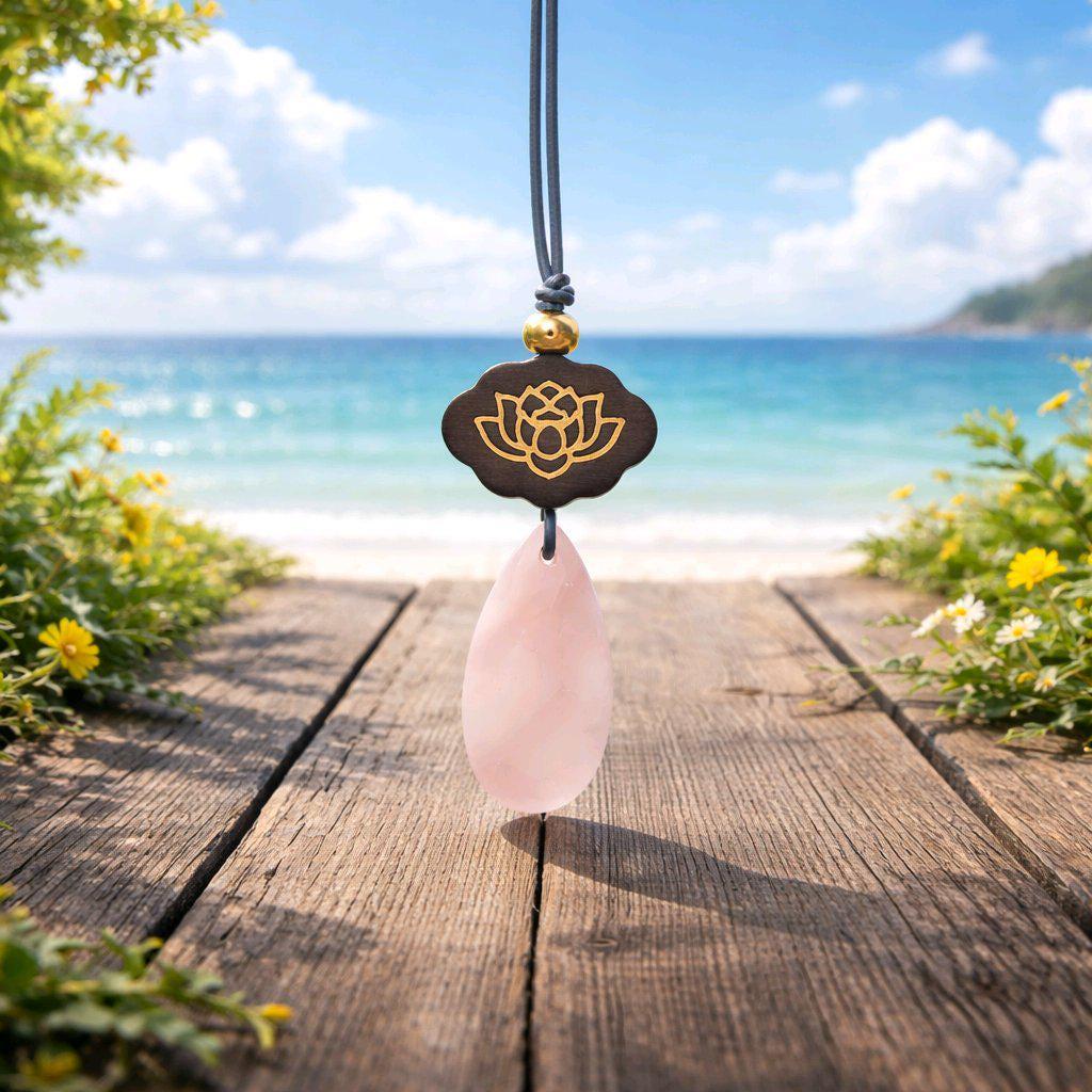 Rose Quartz Necklace Lotus Pendant, Dark Rosewood Natural Pink Crystal Chunky Geometric Jewelry, Gift for Her, Adjustable Leather Cord