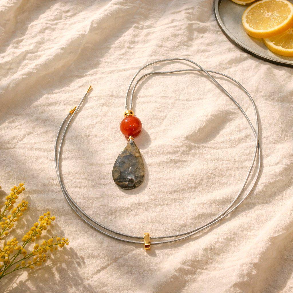 Blue Flash Labradorite Necklace, Chunky Geometric Carnelian Jewelry, July Birthstone Gift for Her, Adjustable Leather Cord