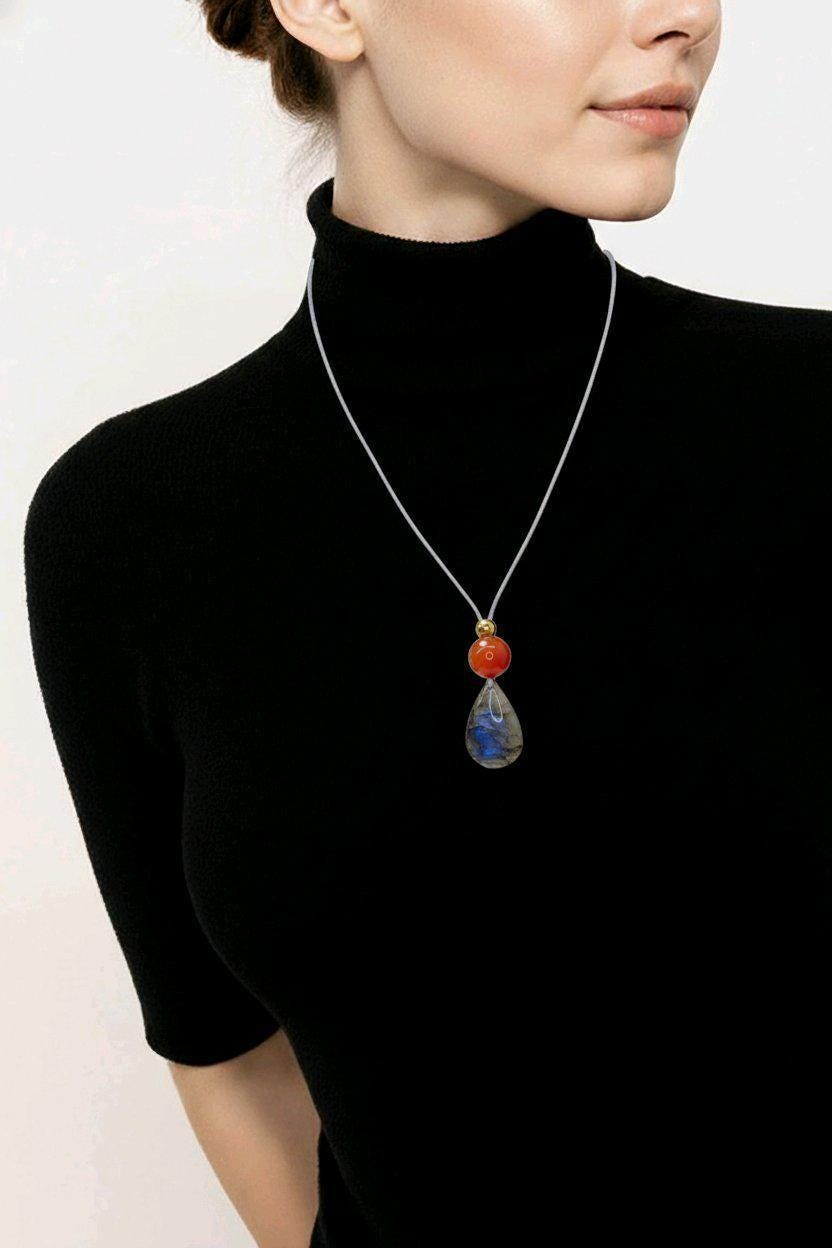 Blue Flash Labradorite Necklace, Chunky Geometric Carnelian Jewelry, July Birthstone Gift for Her, Adjustable Leather Cord