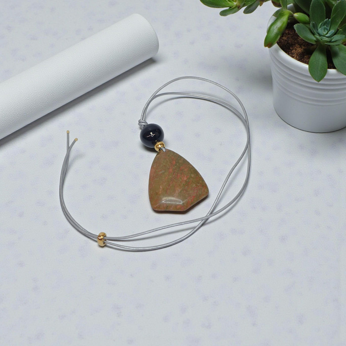 Natural Unakite Black Onyx Geometric Green Necklace, Green Chunky Pendant Jewelry with Long Adjustable Leather Cord