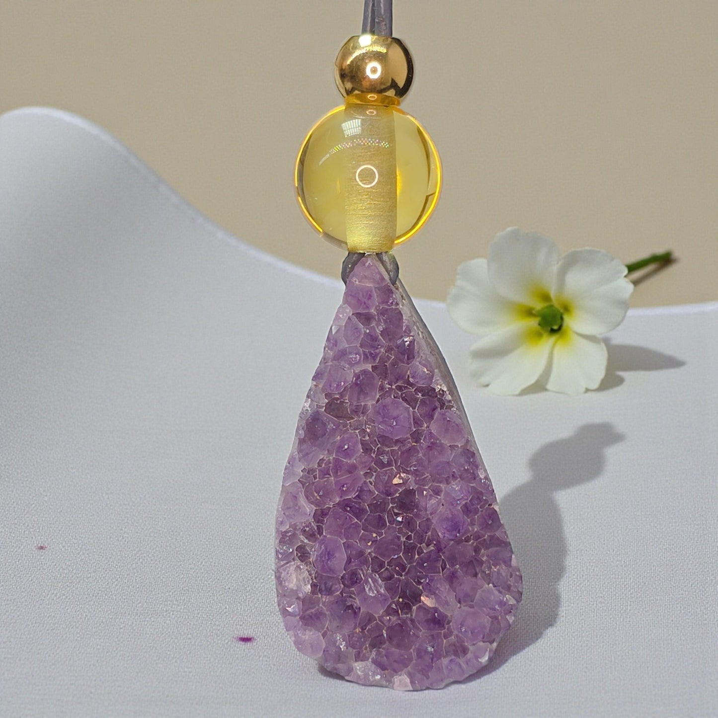 Raw Amethyst Point Citrine Necklace, Chunky Geometric Healing Crystal Amulet, Spiritual Protection Jewelry, adjustable leather cord