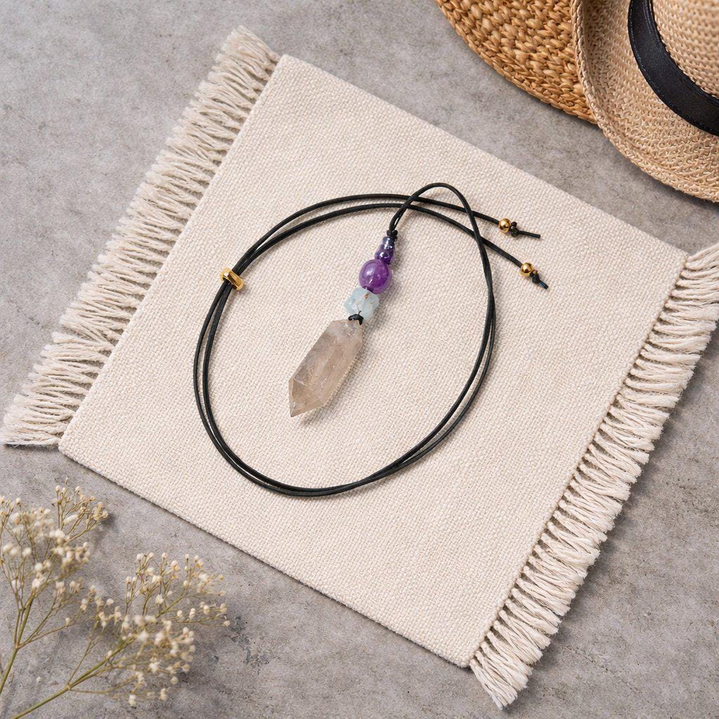 Natural Smoky Quartz Crystal Point & Amethyst Geometric Necklace, Blue Aura Quartz Chunky Pendant with Adjustable Leather Cord